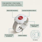 Despiece del botón SOS de muñeca: carcasa, botón rojo, correa de silicona y puerto de carga