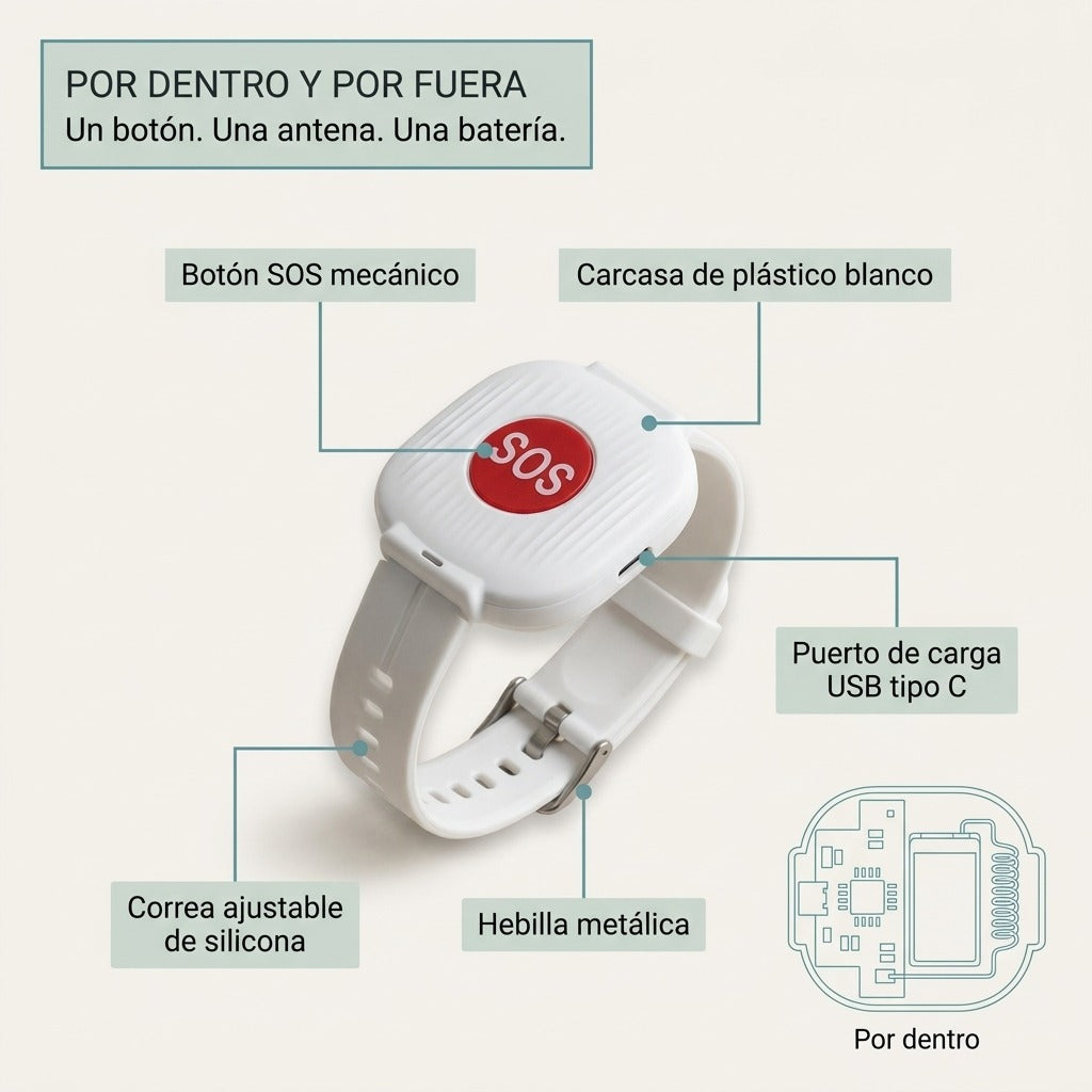 Despiece del botón SOS de muñeca: carcasa, botón rojo, correa de silicona y puerto de carga