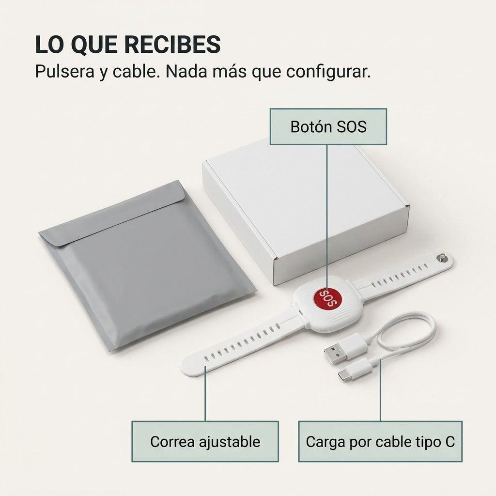 Lo que recibes en la caja: la pulsera con botón SOS y el cable de carga tipo C