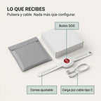 Lo que recibes en la caja: la pulsera con botón SOS y el cable de carga tipo C